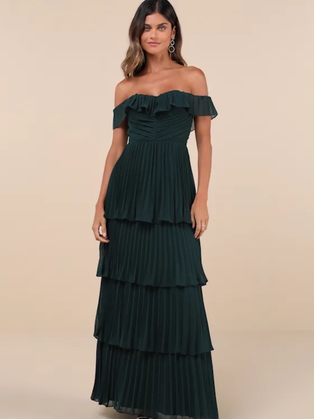 NWT Lulus Off-Shoulder Dark Green Tiered Pleated Maxi Dress